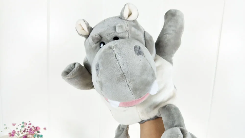 Marionnette à main en peluche pour enfants, gros hippopotame gris