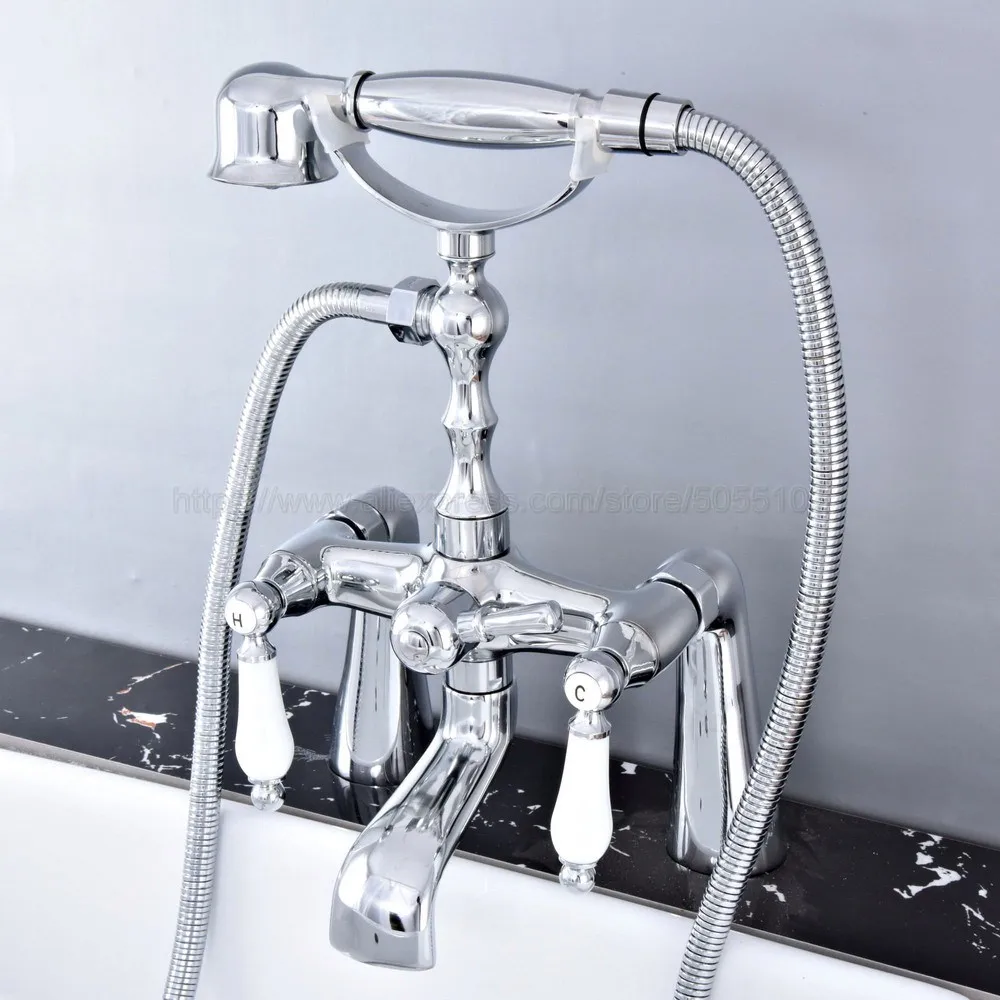 

Bathroom Polished Chrome Dual Handle Bathroom Tub Faucet Deck Mounted Bathtub Mixer Taps with Handshower ztf764