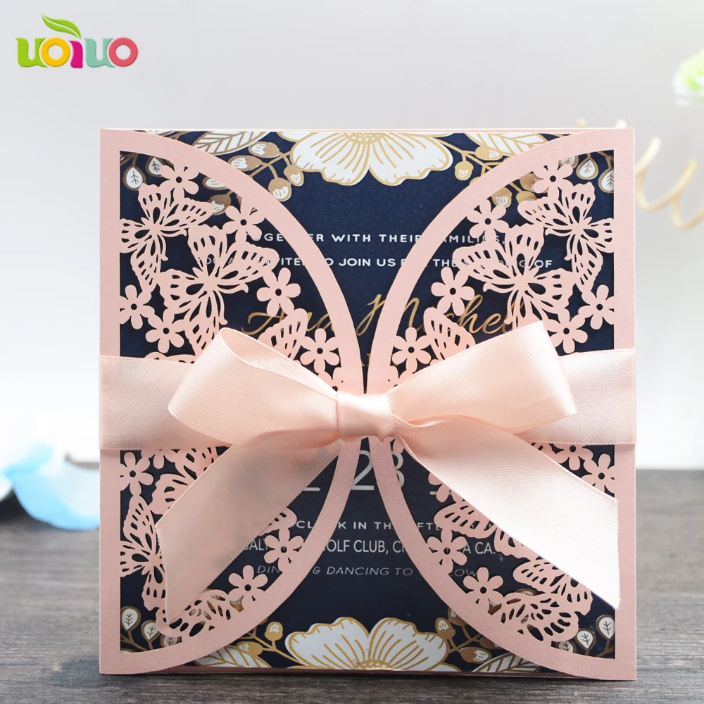 DIY customzied inc28 Laser Cut pink butterfly Wedding invitations Card ,tied incarnadine bow,print insert,envelope