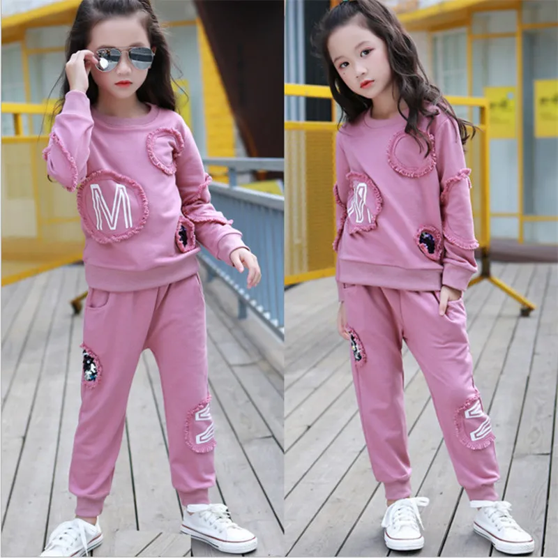 

3-15T Girl Clothes Set Floral Children Suit Casual O-Neck Long Sleeve Solid Lace Cotton Clothing Tracksuits 110-170