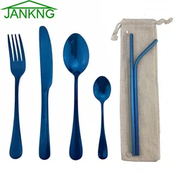 JANKNG Light Portable Bag Dinnerware Rainbow Blue Cutlery Set Stainless Steel Gold Tableware Set Fork Knife Set Travel School