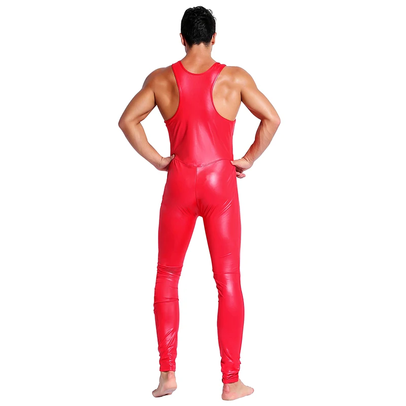 Faux Leather Sleeveless Wet Look Catsuit for Men Stretch Slim Zentai Jumpsuit Bodysuit Leotard Male Sexy Lingerie 2XL Black Red