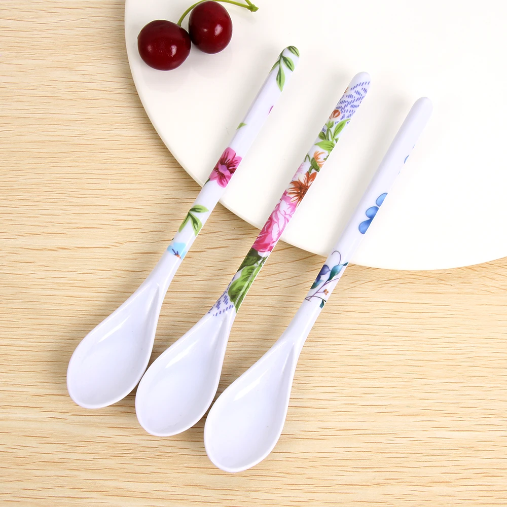 2PC 18.5x3cm Kitchen Melamine Spoon Imitation ceramics Handle Flower Style Coffee Sugar Dessert Children Tea Scoop Color Random