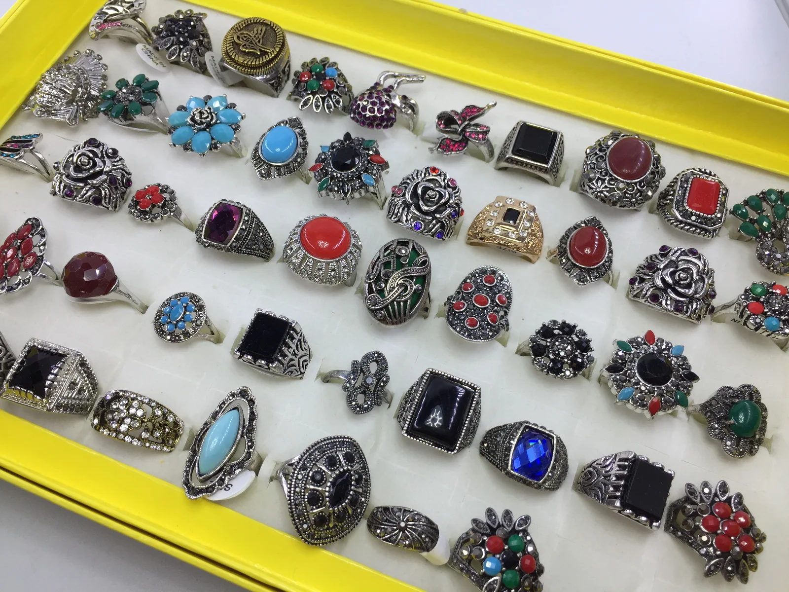 Wholesale Lots 50pcs Retro Stone Rings Unisex Tribal Ethnic Style Silver Alloy Square Oval Ornament