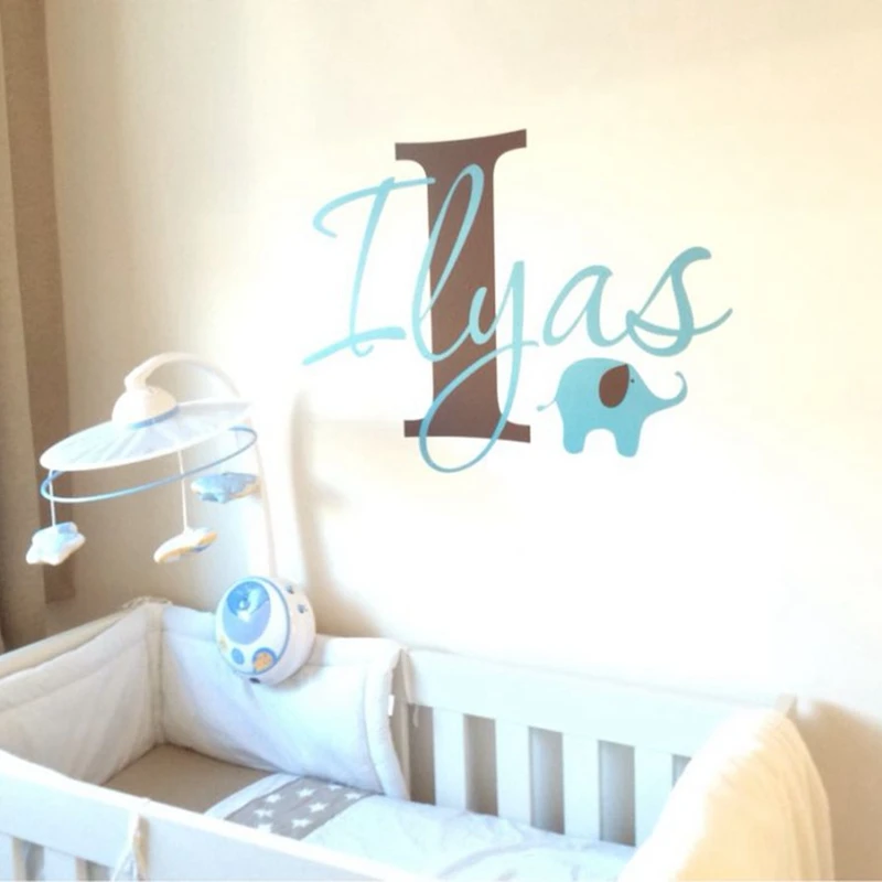 Elephant with boys name wall decal - Custom Boys Name Vinyl Wall Sticker - Baby Nursery Wall Decal Elephant
