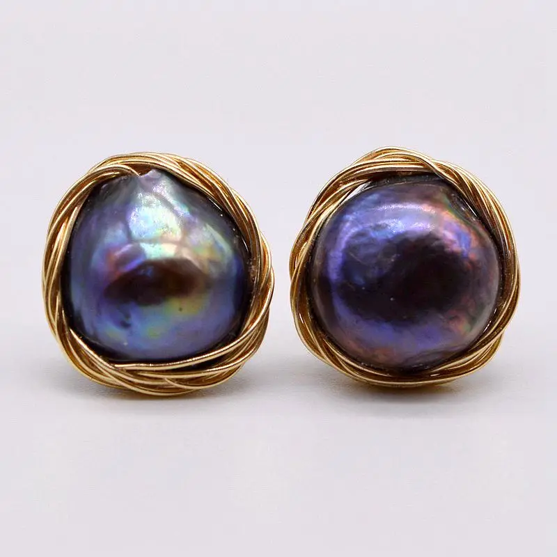 

Women's Black Natural Freshwater Pearl Stud Earrings Authentic Baroque Handmade Jewelry Free Shipping