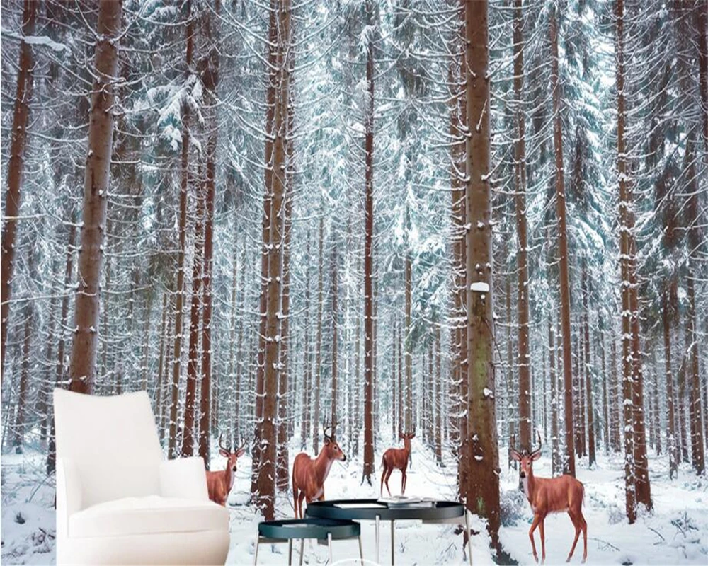 

Beibehang Custom wallpaper beautiful snowy forest deer large wallpapers TV living room room background wall 3d wallpaper mural