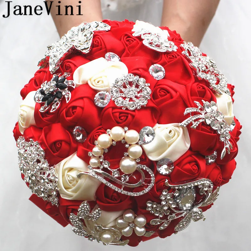 

JaneVini Luxury Beaded Red Wedding Bouquets for Brides Satin Rose Mariage Crystal Brooches Rhinestones Pearls Bridal Bouquet New