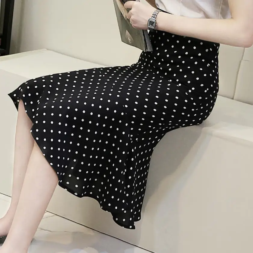 

polka dots mermaid skirts summer women high waist vintage ruffles CHIFFON trumpet skirt