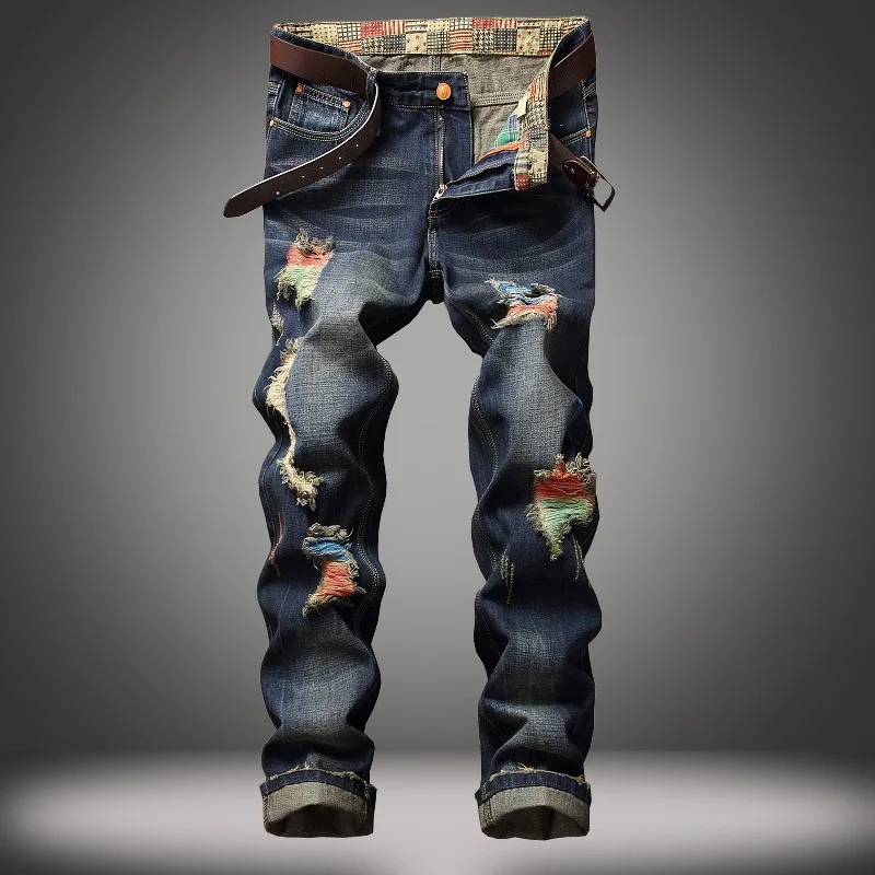 EVJSUSE street personality painted jeans men straight hole men's jeans trousers Manual abrasion ripped jeans retro blue