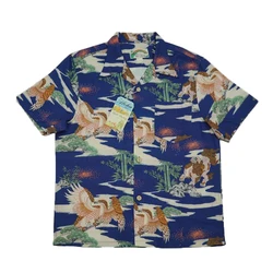 BOB DONG Chinese Style Men Hawaiian Pocket Tee Shirts Vintage Short Sleeve Blue