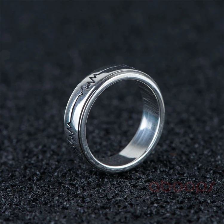 Vintage 925 Sterling Silver Spinner Ring with ECG Heart Beat for Women Girls,6mm,Free Shipping