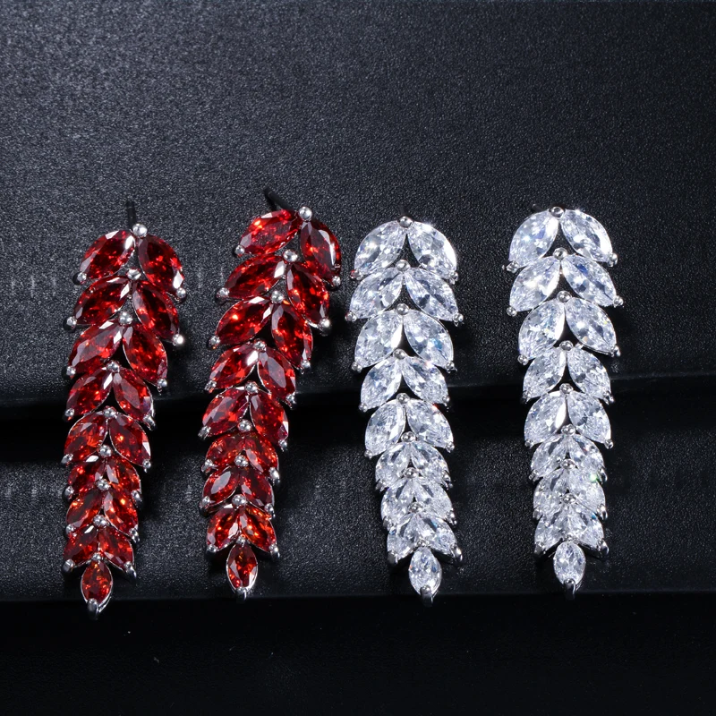 CWWZircons High Quality Cubic Zirconia Party Jewelry White Gold Color Long Dark Red Dangling Earring for Women Wedding CZ260