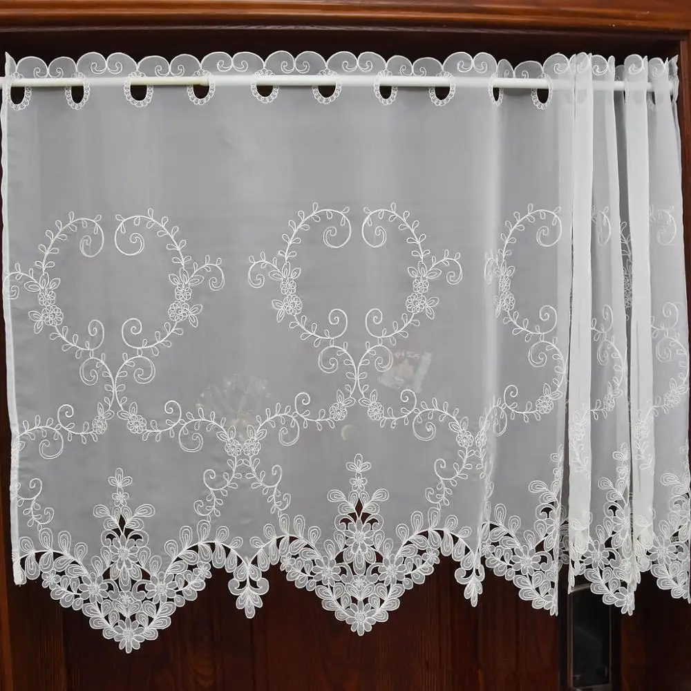 White Half-curtain White Flower Embroidered Window Valance Lace Branch Hem Coffee Curtain for Kitchen Cabinet Door A-114