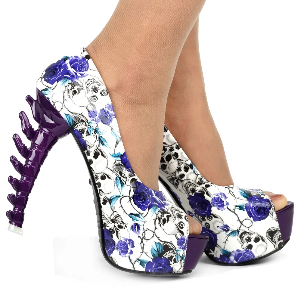 LF80629 Purple Skull Rose Peeptoe Platform Bone Heel Club Pumps