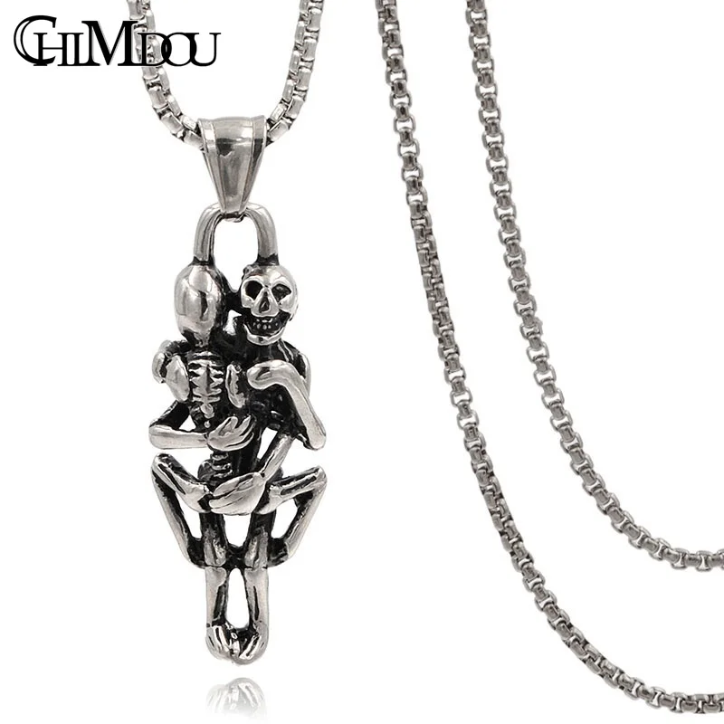 CHIMDOU Fashion Stainless Steel Hugging Double Skeleton Skull Pendant Cross Necklace Link Chain For Men Jewelry AP123