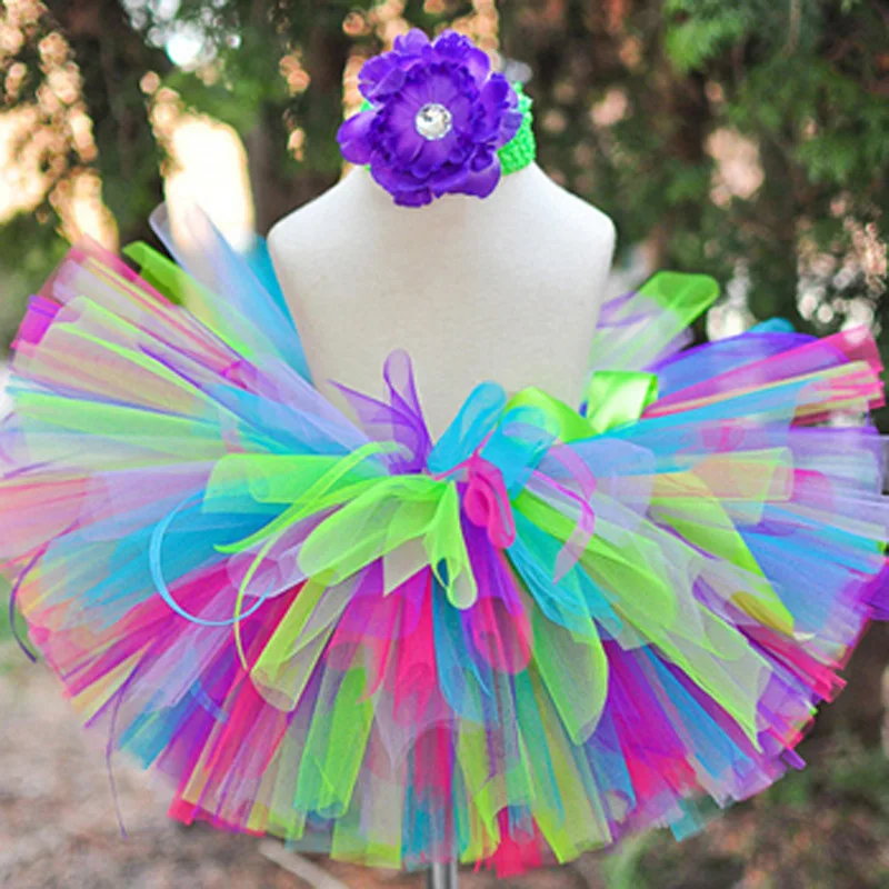 Colorful Baby Girl's Tutu Skirts Infant Fluffy Tulle Tutus Pettiskirts with Peony Flower Headband Set Kids Birthday Party Skirts