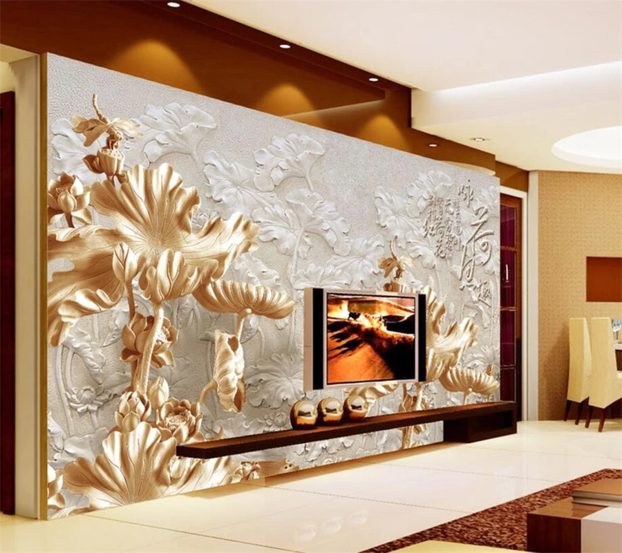 

Beibehang Custom wallpaper high - end 3D three - dimensional relief wood carving lotus background wall 3d wallpaper for walls