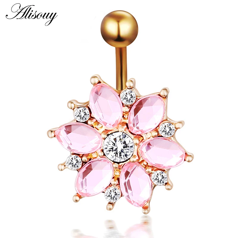 Alisouy 1PCS Surgical Steel Body Piercing Jewelry Flower Navel Belly Bar Pircing Belly Piercing belly button rings for girls
