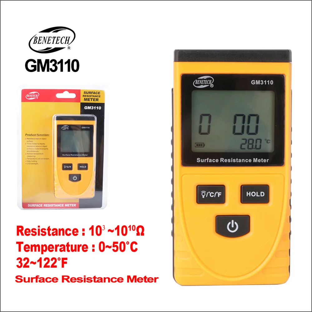 BENETECH Surface Resistance Meter Handheld Earth Resistance Meter Measuring Instrument Static Detector GM3110