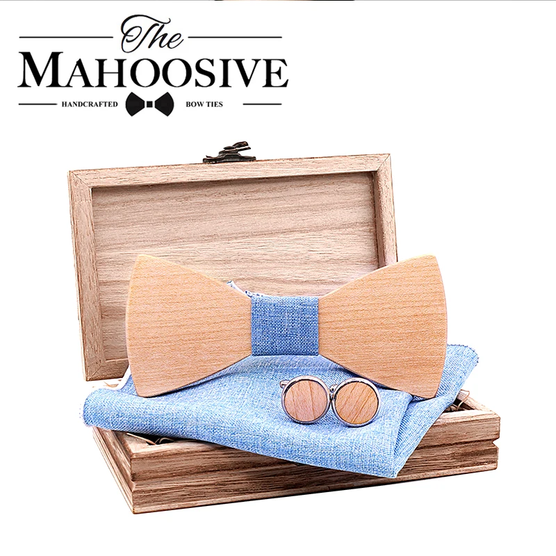 

Wooden Bow Tie Set Gentleman Groom wooden necktie Butterfly Wedding Party Bow Ties Cufflinks hanky Butterfly Wooden Tie For Man