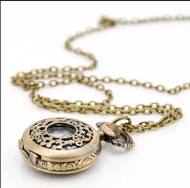 Vintage Cute Rabbit Flower Pocket Watch Necklace Quartz Women Ladies Bronze Pendant Retro Chain Gift