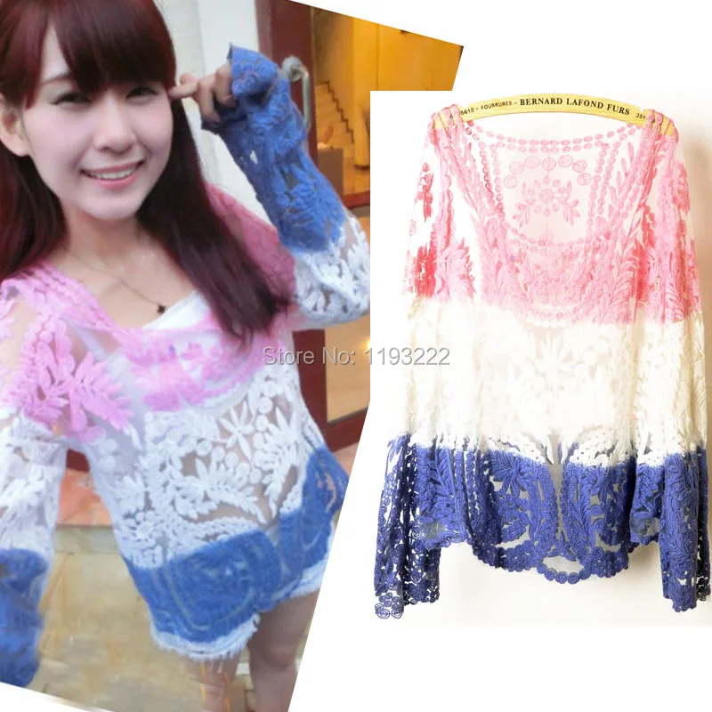 Cute Women Cotton Lady Embridery Lace Blouse Semi Sheer Crochet  Floral Tops Long Sleeve Gradient T Shirts Blouses Shirt