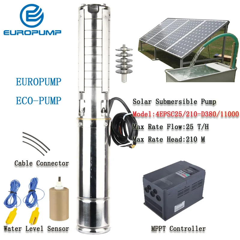 

EUROPUMP 4 Inch 15HP 25000LPH 210M lift Solar Submersible Pumps,Solar Water Pump MPPT controller MODEL(4EPSC25/210-D380/11000)