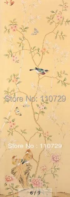 Chinoiserie Hand painted silk wallpaper painting Peony flowers with birds  HAND PAINTED wallcovering many pictures optional