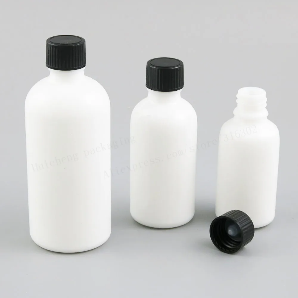 

200 X 15ml 30ml 50ml 100ml Natural White Glass Bottle With Black Polyseal (Cone)Lined Closures 1oz White Cosmetic Containers