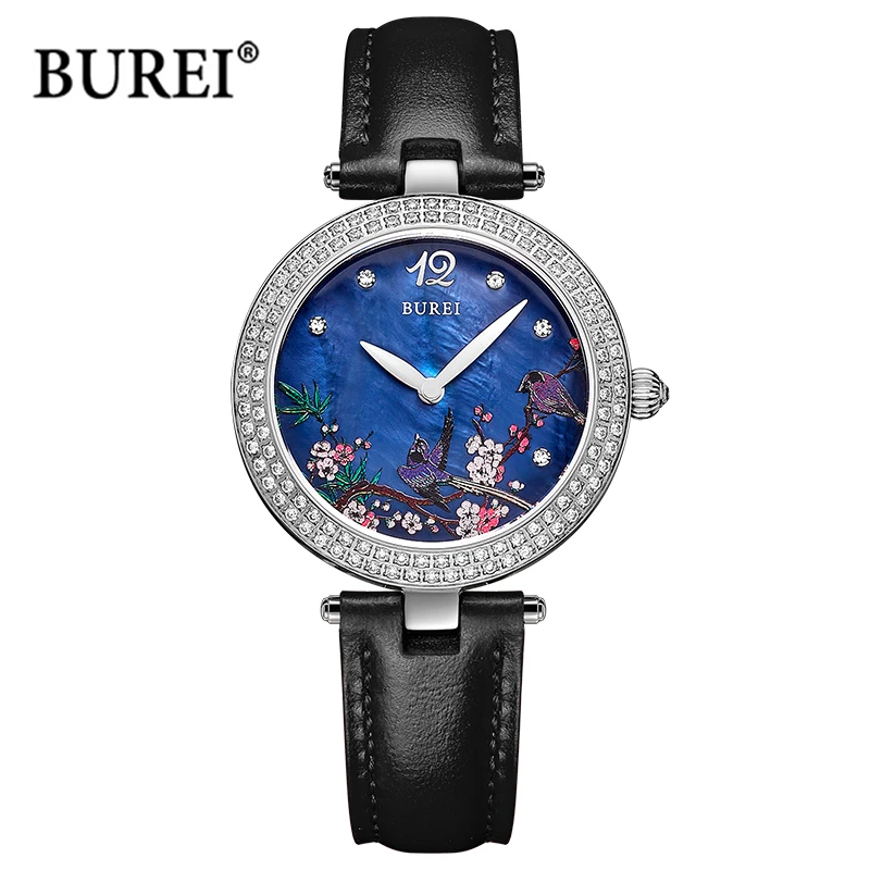 BUREI-Reloj de pulsera de cuero para Mujer, accesorio de lujo, resistente al agua, de cuarzo, informal