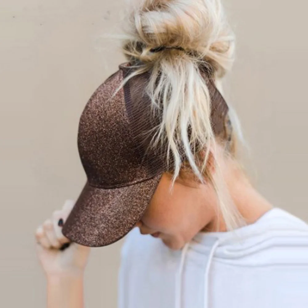 Sombrero de malla con cola de caballo para hombre y mujer, gorra de béisbol con lentejuelas ajustables, brillante, deportiva, para bailar, para el