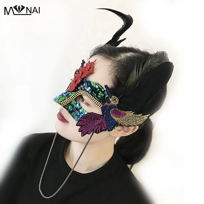 Unique Girls Paillettes Sexy Lace Mask Appeal High-end Embroidery  Exaggerated Masks Adult Venice Feathers Gothic Party Mask