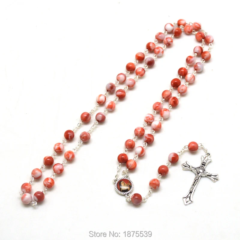 St Rita Red Rosary 8 mm Round Acrylic Bead Christian Catholic Necklace for Women