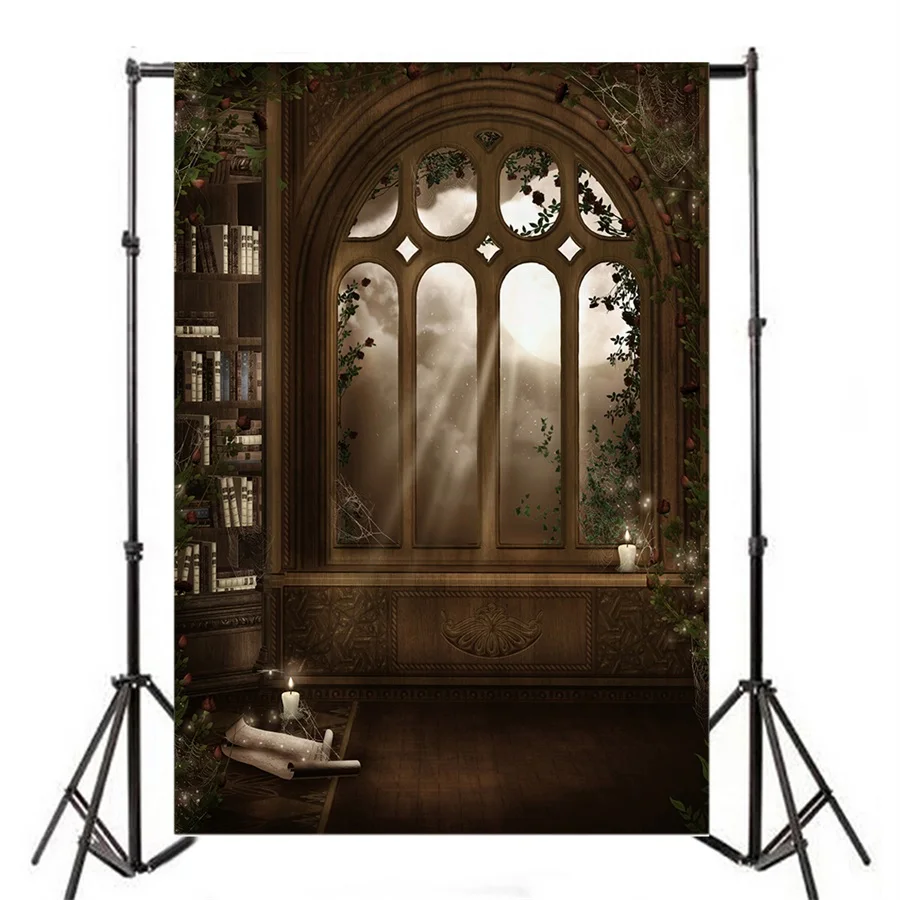 

Laeacco Old Palace Bookshelf Arch Window Photography Backdrops Halloween Photo Backgrounds Baby Portrait Photophone Photozone