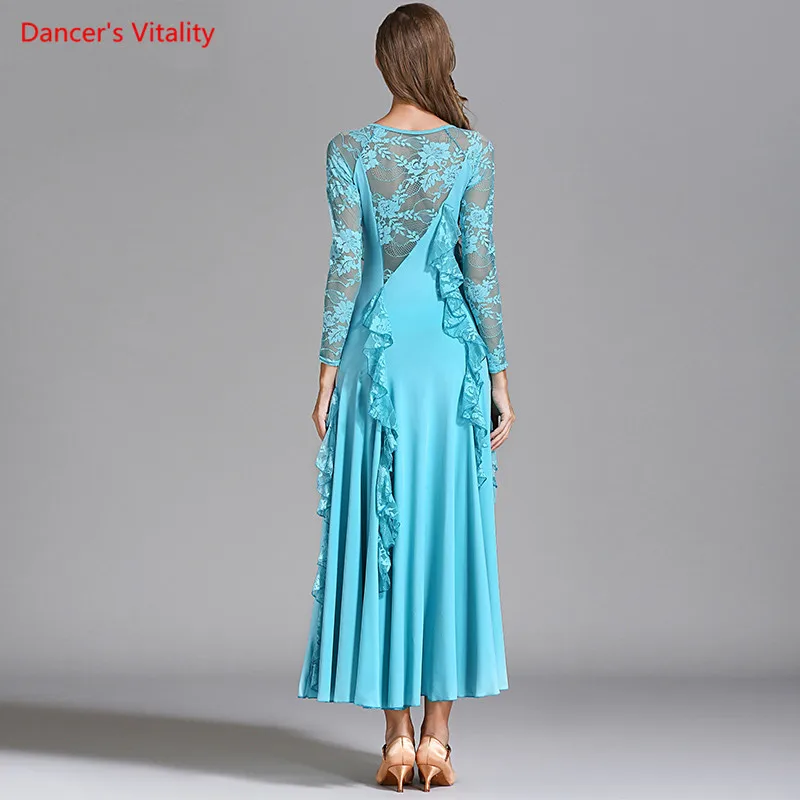 Ballroom Dance Kleid Erwachsene Weibliche Spitze Langen Ärmeln Rüschen Große Schaukel Kleider Für Frauen Walzer Tango Dance Praxis Kostüme