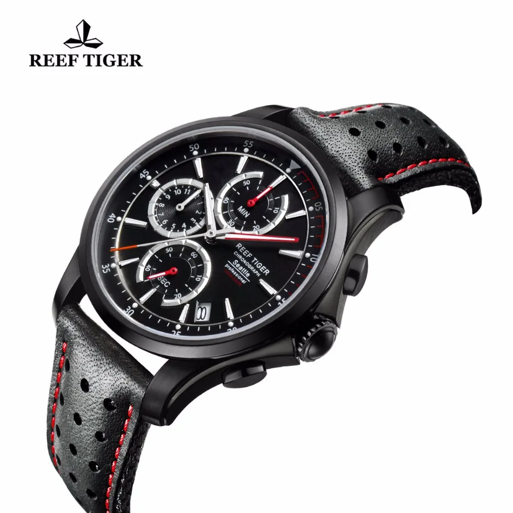 Reef Tiger/RT Mens Sport Quartz Watches with Chronograph and Date Black Steel Casual Stop Watch with Super Luminous RGA1663