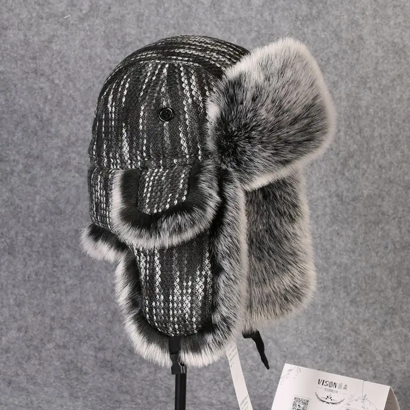 B-8433 Man Bomber Hat Rex Rabbit Fur Trapper Hats Winter Snow Caps Russian Ushanka Hat Earflap Ski Cap