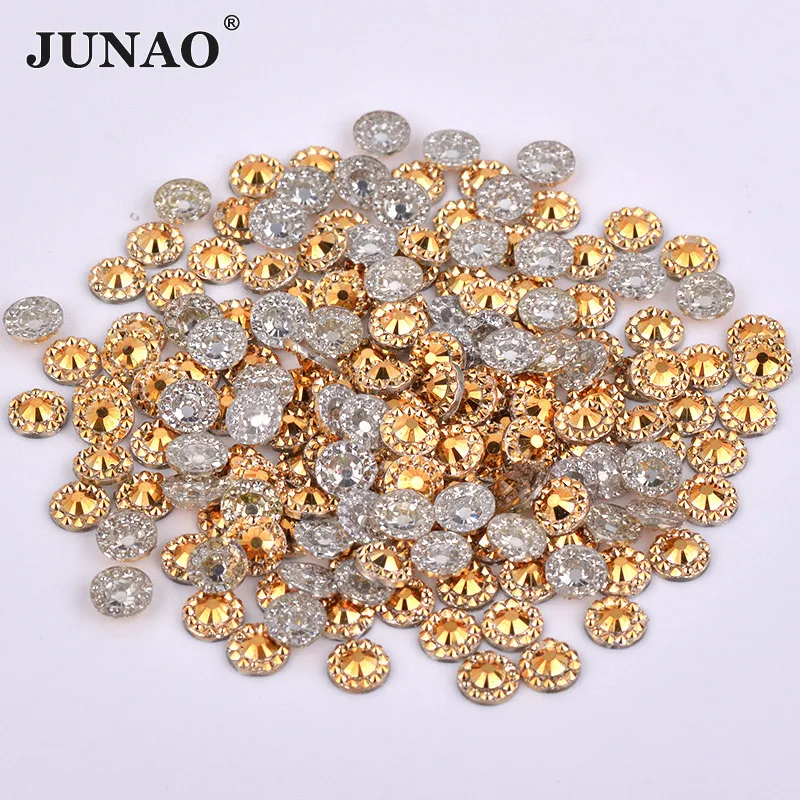 JUNAO 4 5 6 mm Colore oro Fiori rotondi Strass Flatback Resina Cristalli per unghie Pietre Non cucito Strass Perline per artigianato per unghie