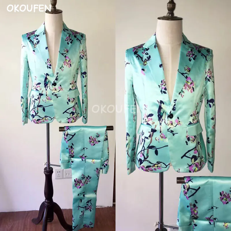 

New original designed Flower printed suits Nightclub male DJ singer star blue slim suit stage show performance wear