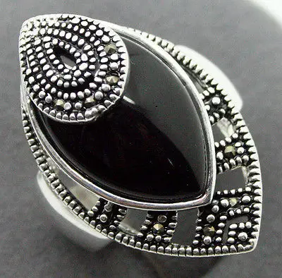 

30X18mm Leaf Marcasite Natural Black Natural JADE 925 Sterling Silver Ring Size 7-10