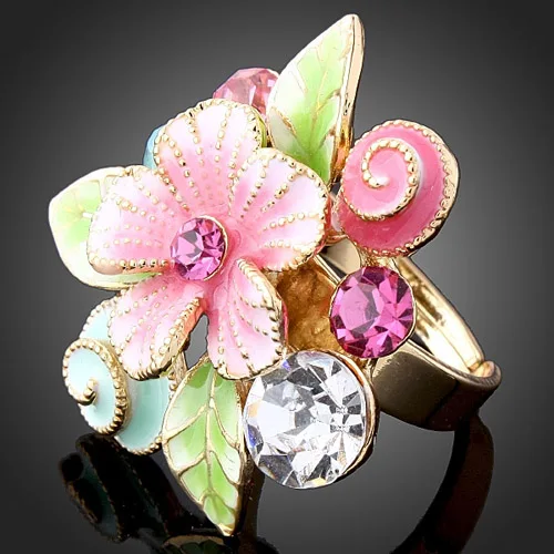 Chran Fashion Enamel Flower Rings for Women Wholesale Gold Color  Shining Crystal Party Jewelry Rings