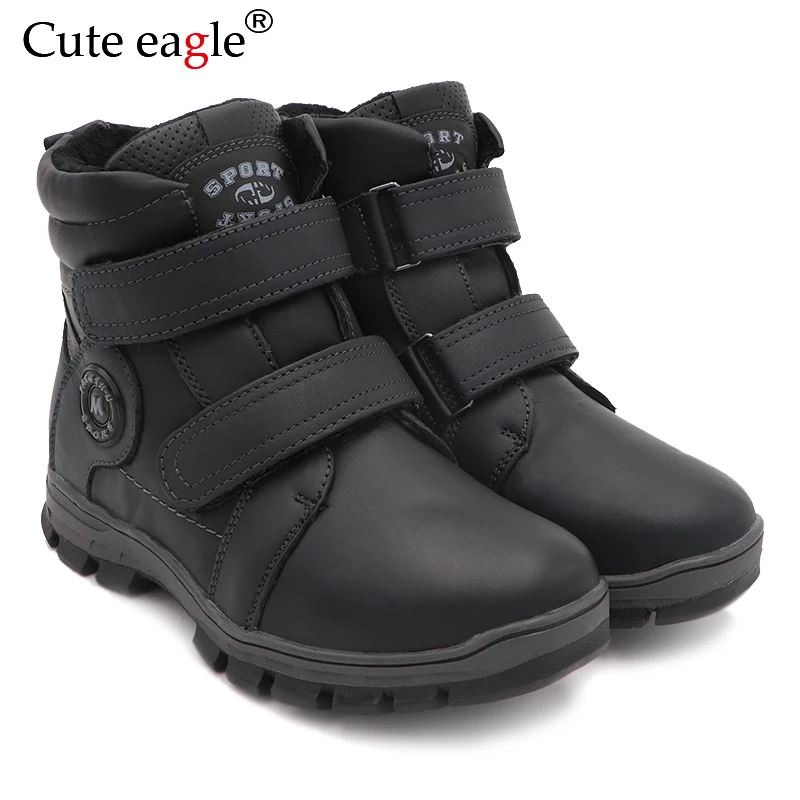 Cute Eagle Winter Genuine Leather Boots For Boys New Warm Snow Boots Pedal Children's Leather Cotton Boots Outdoor EU size 32-37