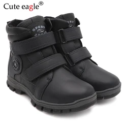 Cute Eagle Winter Genuine Leather Boots For Boys New Warm Snow Boots Pedal Children's Leather Cotton Boots Outdoor EU size 32-37