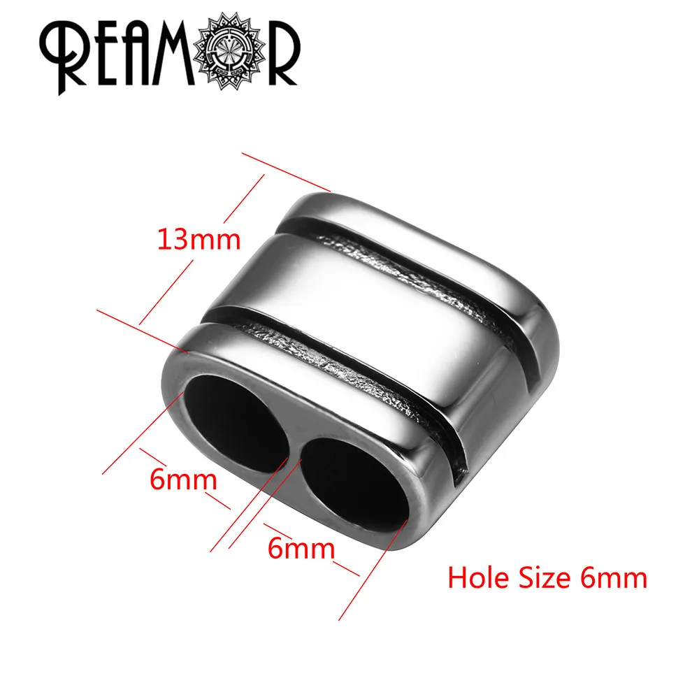 REAMOR 5pc Stainless Steel Double Hole Stripe Bead 12*6mm Flat Big Hole Spacer Beads For Men Leather Bracelet DIY Jewelry Making