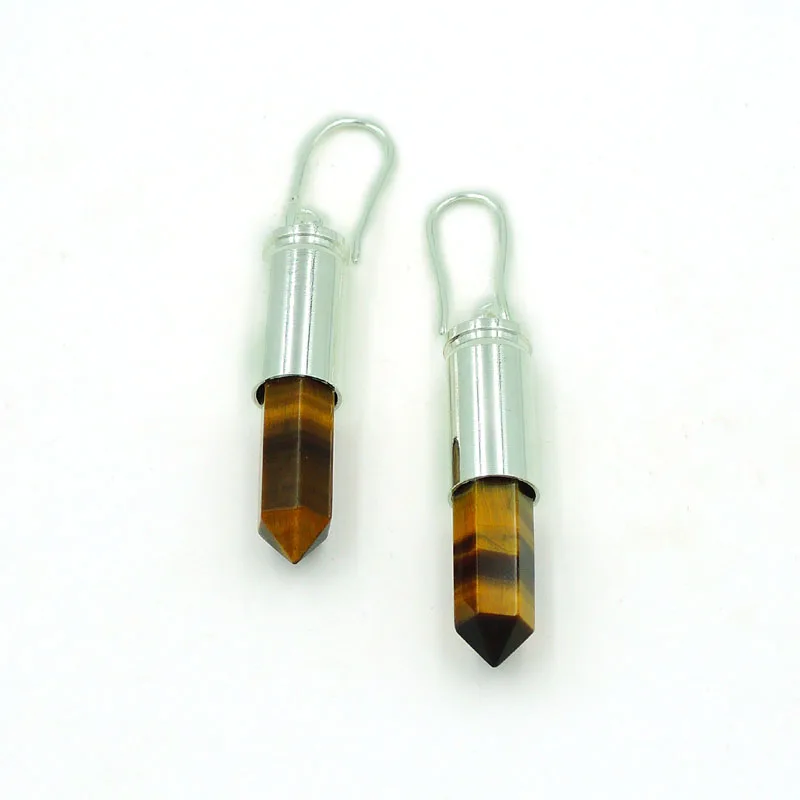 

Tiger Eye Hexagon Pillar Point Earrings Gluing Bullet Shell Setting Silver Plated Approx 37*8mm