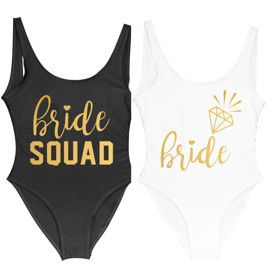 

Bachelorette Party One Piece Swimsuit Bride & Bride Squad Lady Wedding Party Lining High Leg Women Swimsuit Swimwear Bikini