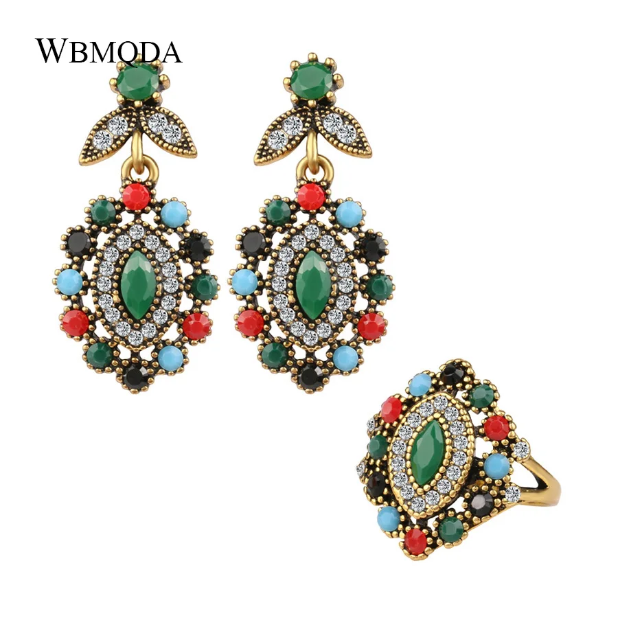 2 Pcs/lot Ethnic Turkish Jewelry Sets Vintage Colorful Resin Gold Ring Earrings For Women Crystal Statement Accessories