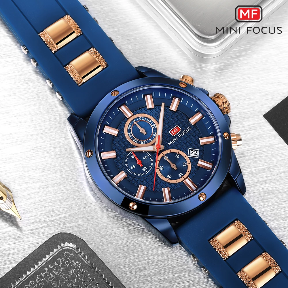 MINI FOCUS Watch Men Chronograph Top Brand Luxury Quartz Sports Watches Army Military Silicone Strap Wrist Watch Male Blue Clock