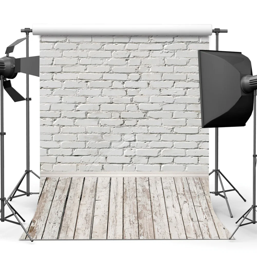 White Brick Wall Photography Backdrops Wooden Floor Photo Background for Pet Toy Baby Shower Newborn Children Photo Studio